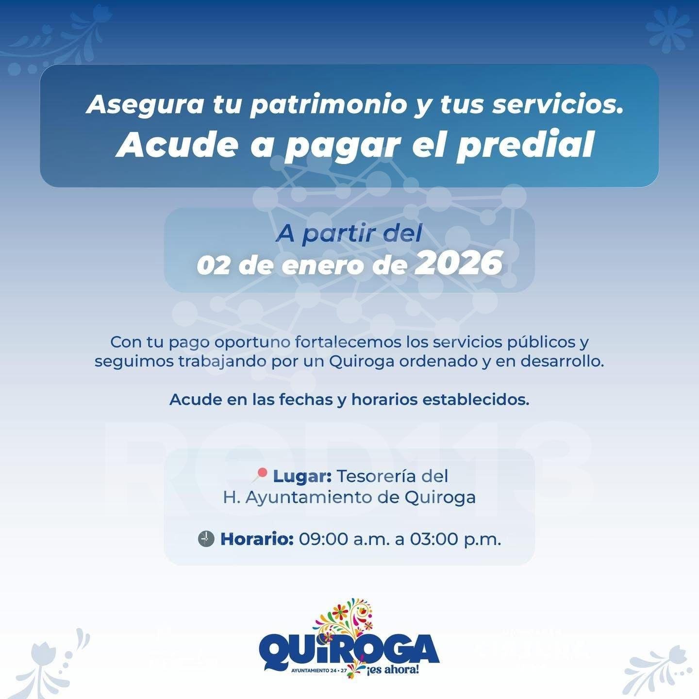 Invita Gobierno de Quiroga a cumplir con el pago del predial y agua potable durante enero