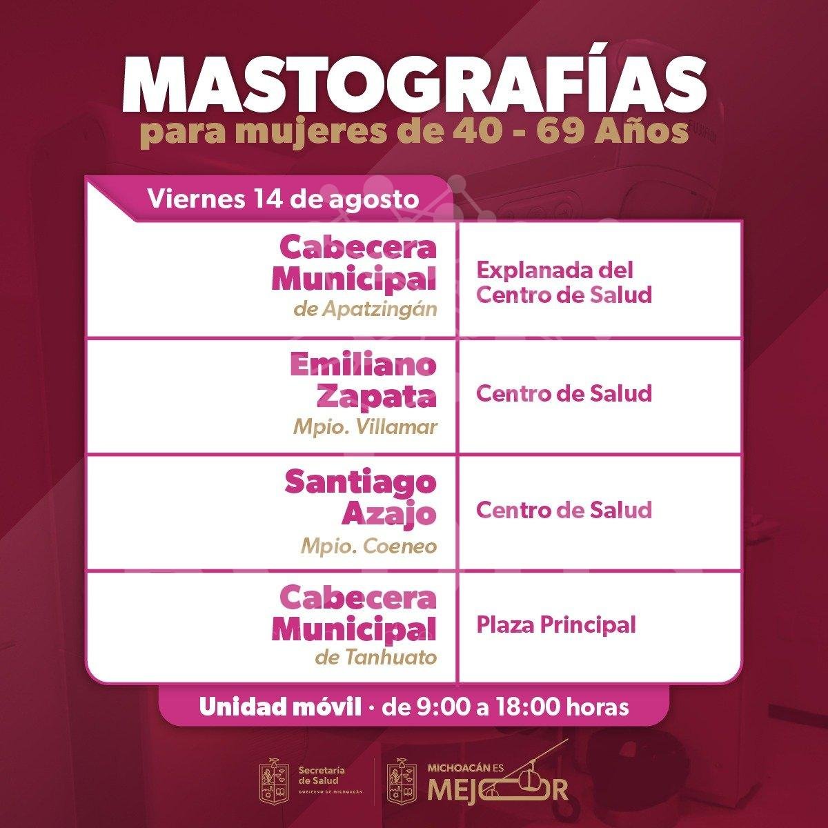 SSM llevará mastografías gratuitas a 9 municipios de Michoacán