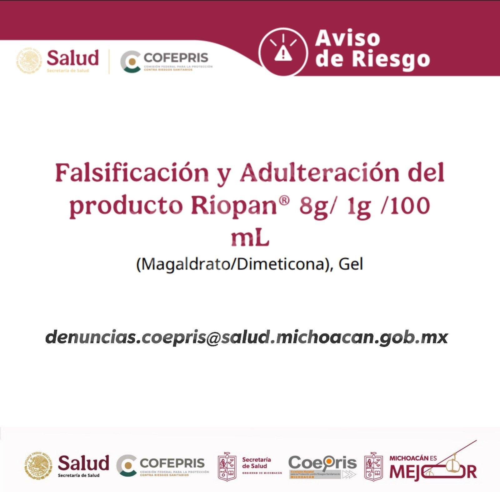 Alerta Cofepris sobre falsificación y adulteración de Riopan Gel